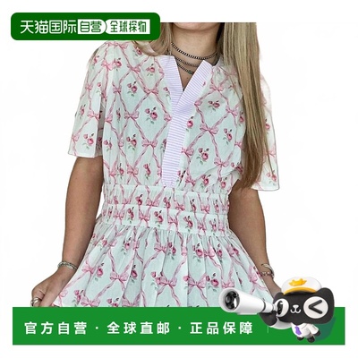 自营she + sky短袖梭织印花上衣，带粉红色弹性腰带 美国奥莱直发