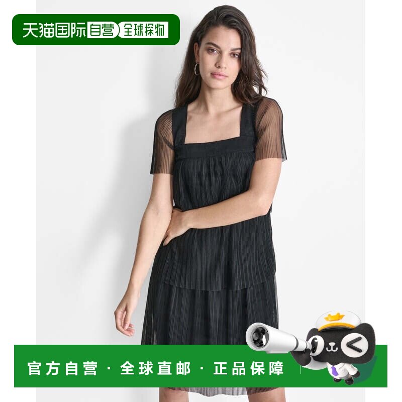 自营Dkny Tiered连衣裙女式黑色方领透明袖套头衫FTS1132-黑色 美