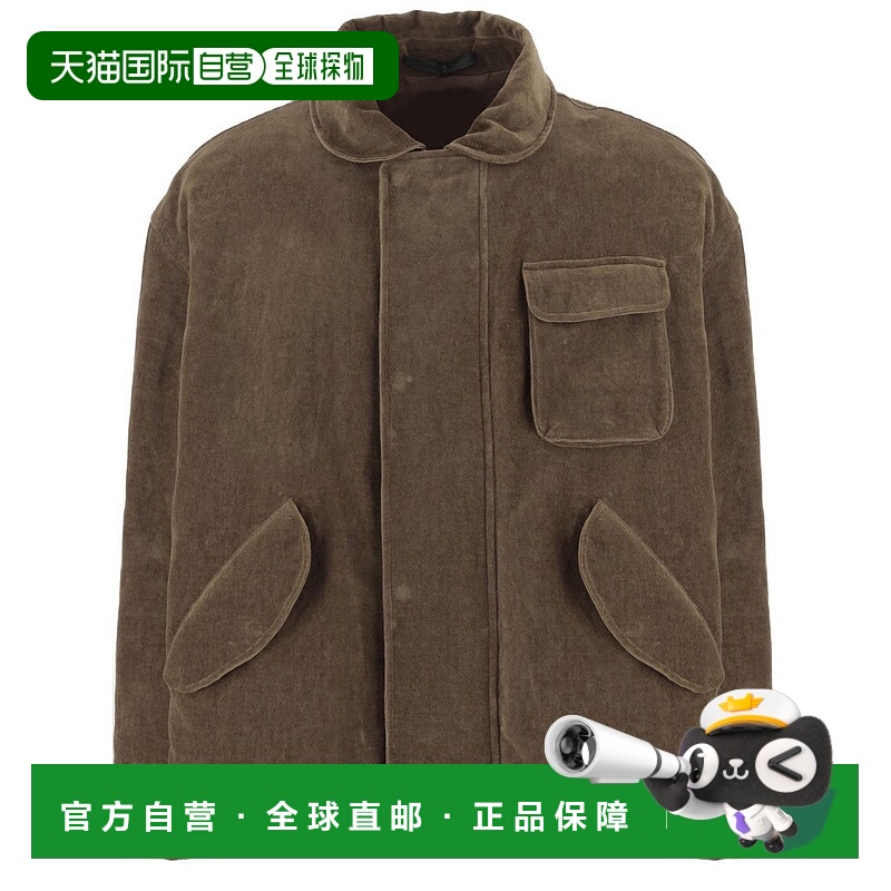 自营 giorgio armani棉和亚麻夹克，经典衬衫领和隐藏纽扣闭合-棕