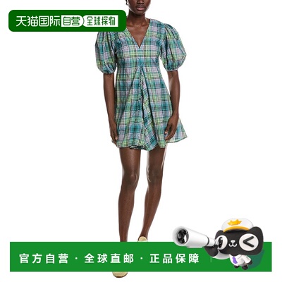 自营GANNI Seersucker Check V-Neck Mini Dress - green 美国奥