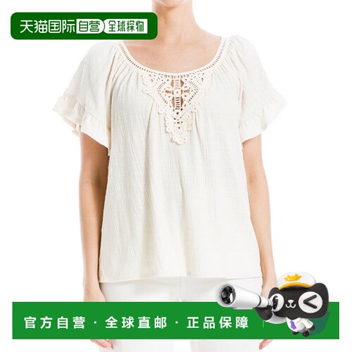 自营Max Studio Flutter Sleeve Crochet Yoke Knit Top - white