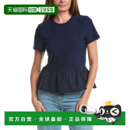 自营CeCe刺绣荷叶边针织上衣-海军蓝 美国奥莱直发