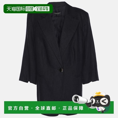 自营Marina Rinaldi Navy Blue Linen Single Breasted 3/4 Sleev