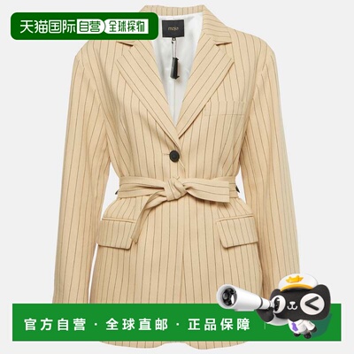 自营Maje Beige Striped Cotton Blend  Belted Blazer - beige