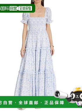 自营 CAROLINE CONSTAS 女式 Zuri 连衣裙，白色蓝色驼色印花长连