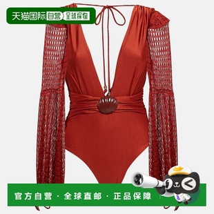 自营Patbo Brick Red Knit Netted Sleeve Detail Swimsuit - red