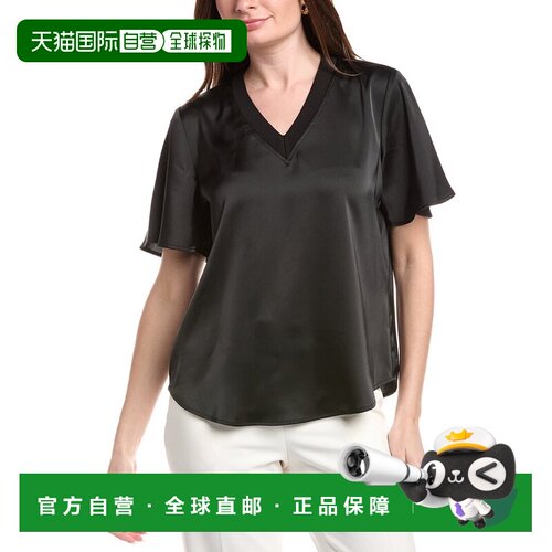 自营Anne Klein V-Neck Flutter Sleeve Blouse - black 美国奥莱