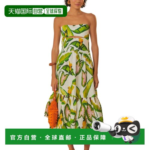 自营FARM Rio亚麻夏季树叶白色露肩中长款连衣裙-红色 美国奥莱直
