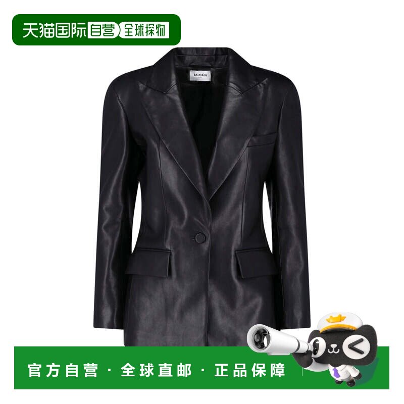 自营balmain黑色羔羊皮西装外套，搭配经典的缺口翻领-黑色 美国