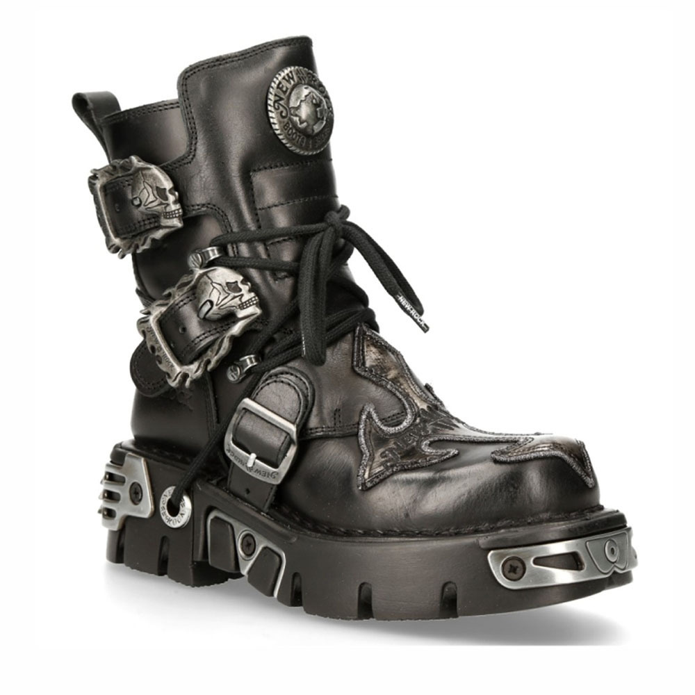 New头层牛皮机车靴手工骷髅朋克金属摇滚男女rock真皮低帮厚底鞋