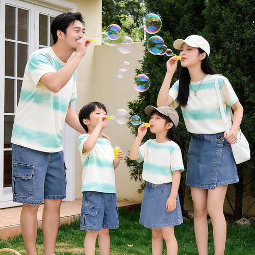 亲子装短袖t恤夏季一家三口四口高级感扎染上衣母子母女度假套装