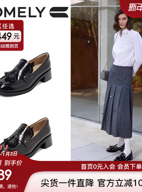 康莉蝴蝶结乐福鞋女英伦风2025年春季新款粗跟圆头复古一脚蹬单鞋