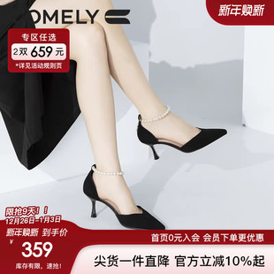 高跟鞋 一字带尖头法式 子 女春夏新款 康莉comely羊皮包头凉鞋