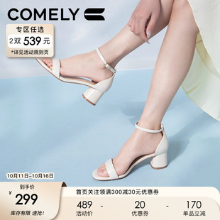 凉鞋 康莉一字带凉鞋 羊皮粗跟羊皮时装 新款 2K307D 女粗跟2024年夏季