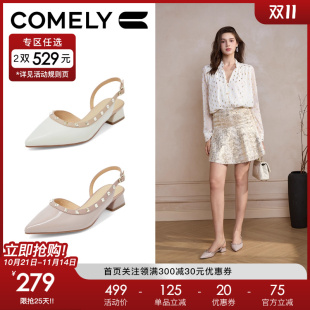 百搭真皮低跟凉单鞋 时尚 女2025春夏新款 康莉粗跟尖头铆钉包头凉鞋