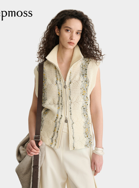 【deepmoss】2025秋冬新款女白灰波浪绞花拉链羊毛混纺开衫马甲