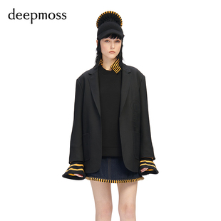 deepmoss 廓形西装 春夏女装 复古潮流拼接喇叭袖 短外套上衣 时尚