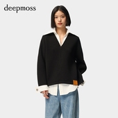 deepmoss 优雅复古潮流时尚 假两件拼接空气层卫衣牛仔裤 套装 女