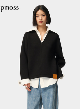 【deepmoss】优雅复古潮流时尚假两件拼接空气层卫衣牛仔裤套装女