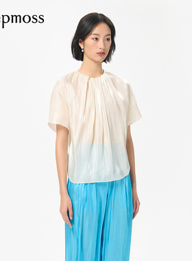 【SALE】【deepmoss】女士气质优雅简约水泽打褶上衣短袖衬衫T恤