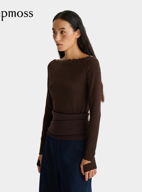 【deepmoss】2025秋冬新款女士设计感时尚摩卡棕平领收腰上衣