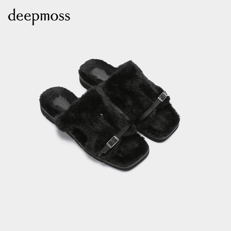 【deepmoss】女士设计感雾黑色镂空环保皮草罗马拖鞋