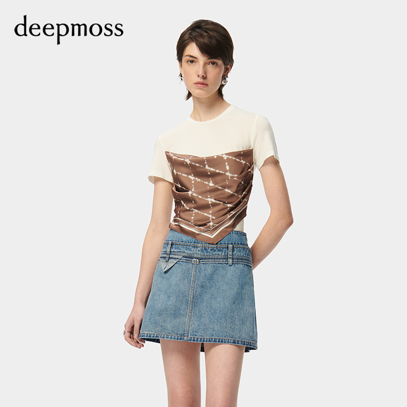 【deepmoss】潮流复古优雅女装时尚气质光晕丝巾褶皱拼接短袖T恤
