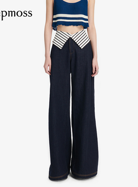 【deepmoss】优雅女士时尚复古潮流条纹翻边阔腿牛仔裤高腰烟筒裤