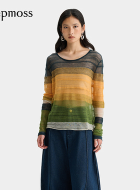 【deepmoss】2025新款女装上衣黄绿色水溶薄款羊毛条纹上衣