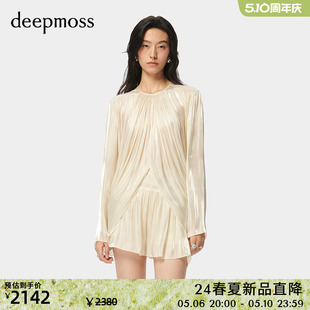 女装 2024春夏新款 休闲气质水泽圆领开叉荡褶上衣 deepmoss 时尚