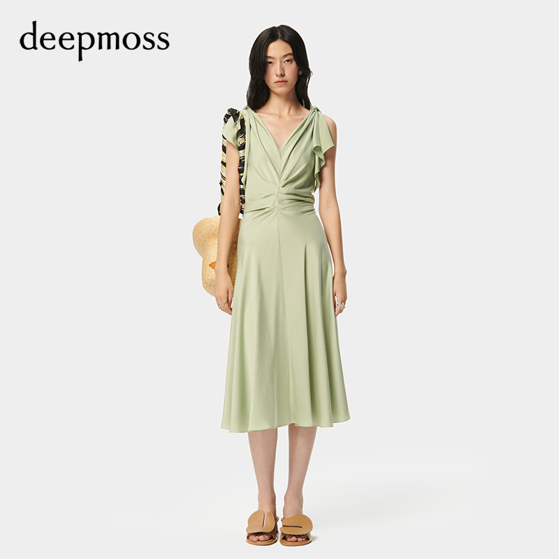 【deepmoss】2024春夏新款女装时尚优雅褶涧收腰花结无袖连衣裙 女装/女士精品 连衣裙 原图主图