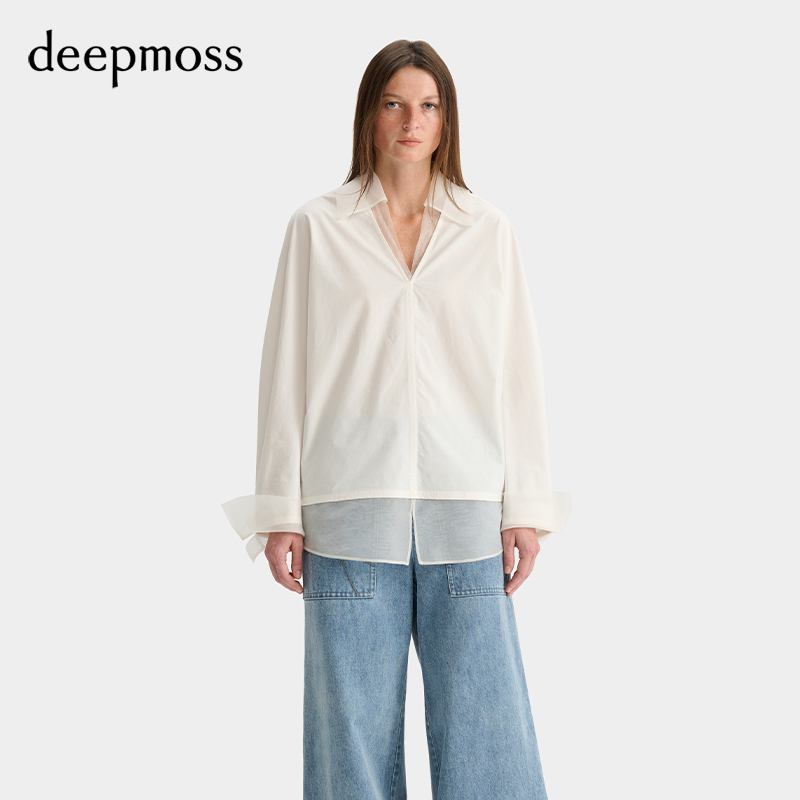 【deepmoss】2025新款淡人女装时尚气质翻领拼接廓形衬衫上衣