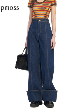 【deepmoss】女士设计感时尚复古潮流休闲翻折裤脚牛仔长裤