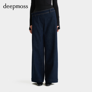 【deepmoss】2025秋冬女士设计感斜襟层次腰头弹力牛仔裤长裤