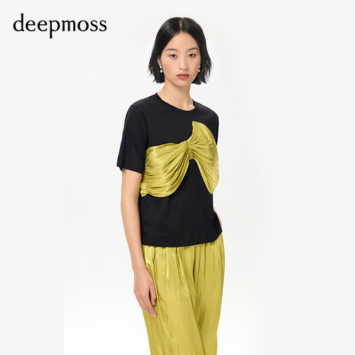 deepmoss水泽褶皱短袖花结T恤
