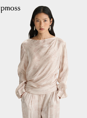 【deepmoss】2025秋冬新款女士水中倒影印花水泽扭转长袖上衣