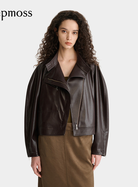 【deepmoss】2025秋冬新款女士柔软蛋白皮斜襟拉链皮衣短外套