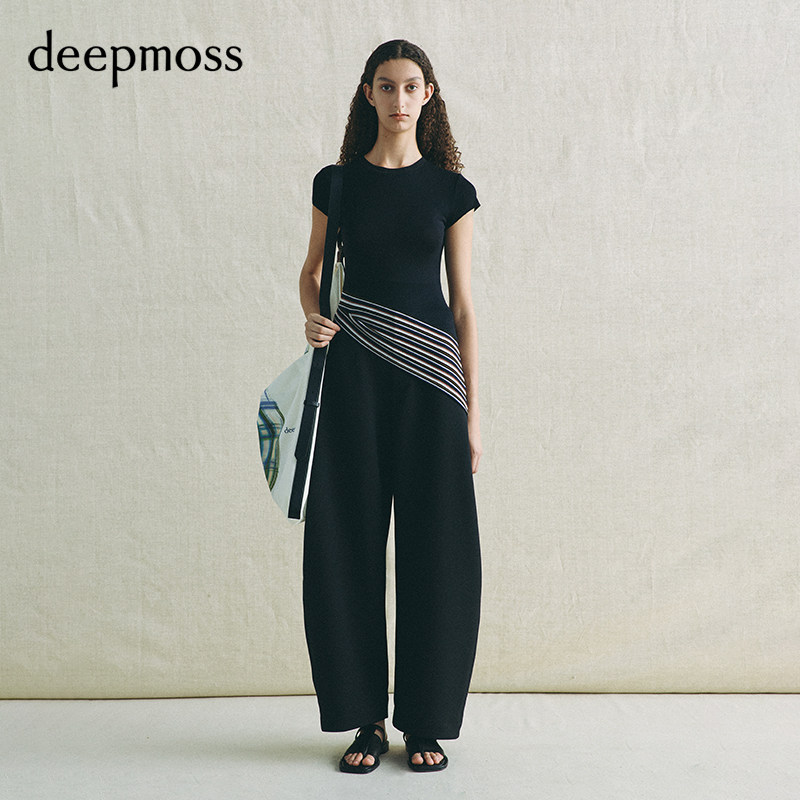【deepmoss】2026春夏新款雾黑复古条纹斜摆短袖T恤图片