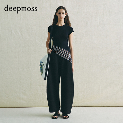 【deepmoss】2026春夏新款雾黑复古条纹斜摆短袖T恤