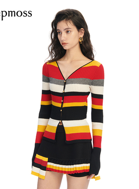 【deepmoss】女装设计感潮流复古撞色条纹修身镂空羊毛衫针织开衫