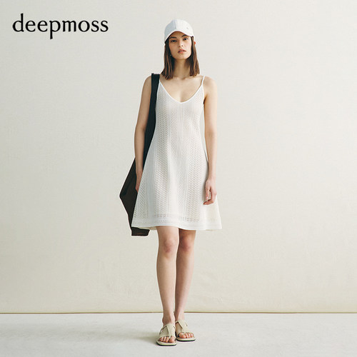 deepmoss云白度假蕾丝吊带连衣裙