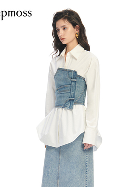 【deepmoss】女士时尚复古潮流休闲牛仔束腰拼接长袖修身衬衫