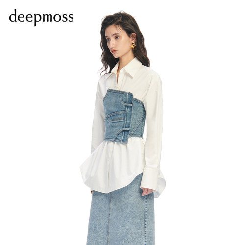 deepmoss女士拼接牛仔衬衫