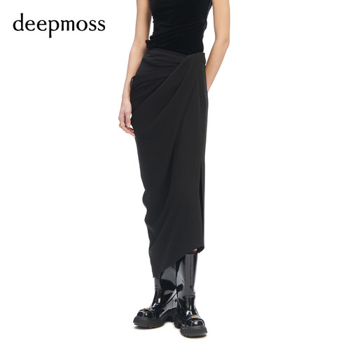 deepmoss斜襟垂褶裹身半身裙