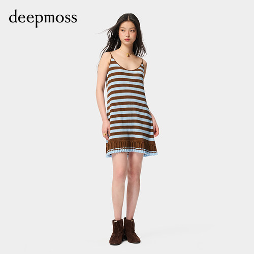 deepmoss复古条纹吊带连衣裙