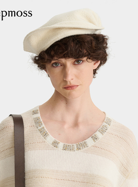 【deepmoss】2025秋冬新款女士设计感时尚珍珠白毛呢水手帽