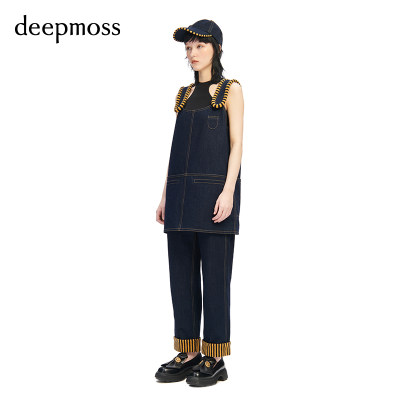 deepmoss条纹包边牛仔背带裙