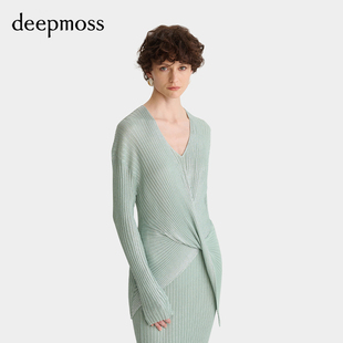 【deepmoss】2025秋冬女士烫银不规则交叠落褶V领收腰上衣