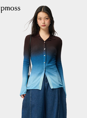 【deepmoss】优雅复古潮流女装时尚气质渐变翻领修身收腰上衣开衫
