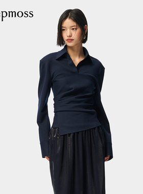 【deepmoss】优雅复古潮流女装时尚休闲气质弹力束腰翻领衬衫上衣